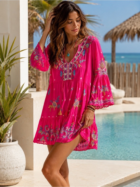 Johnny Was Dresses & Skirts - Johnny Was Teyros Embroidered Fuchsia Boho Tunic Dress Size Large L #121